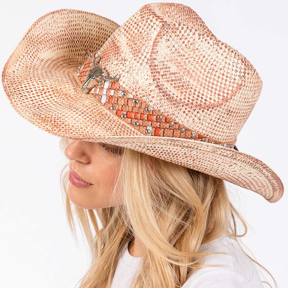 Pink Vintage Cowboy Hat with Western Bull and Stud Design - M H W ACCESSORIES LLC
