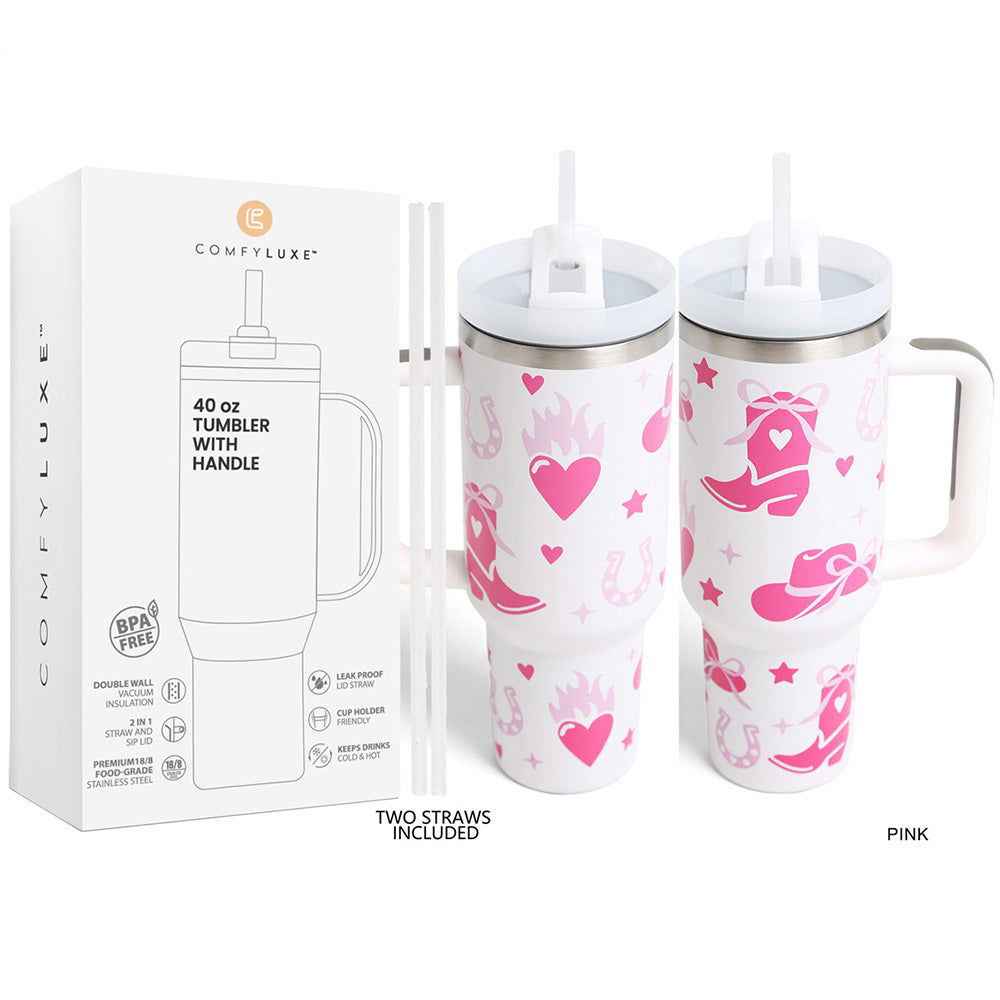 Pink Western Boot Hear Horseshoe Pattern Printed 40oz Stainless Steel Tumbler with Handle