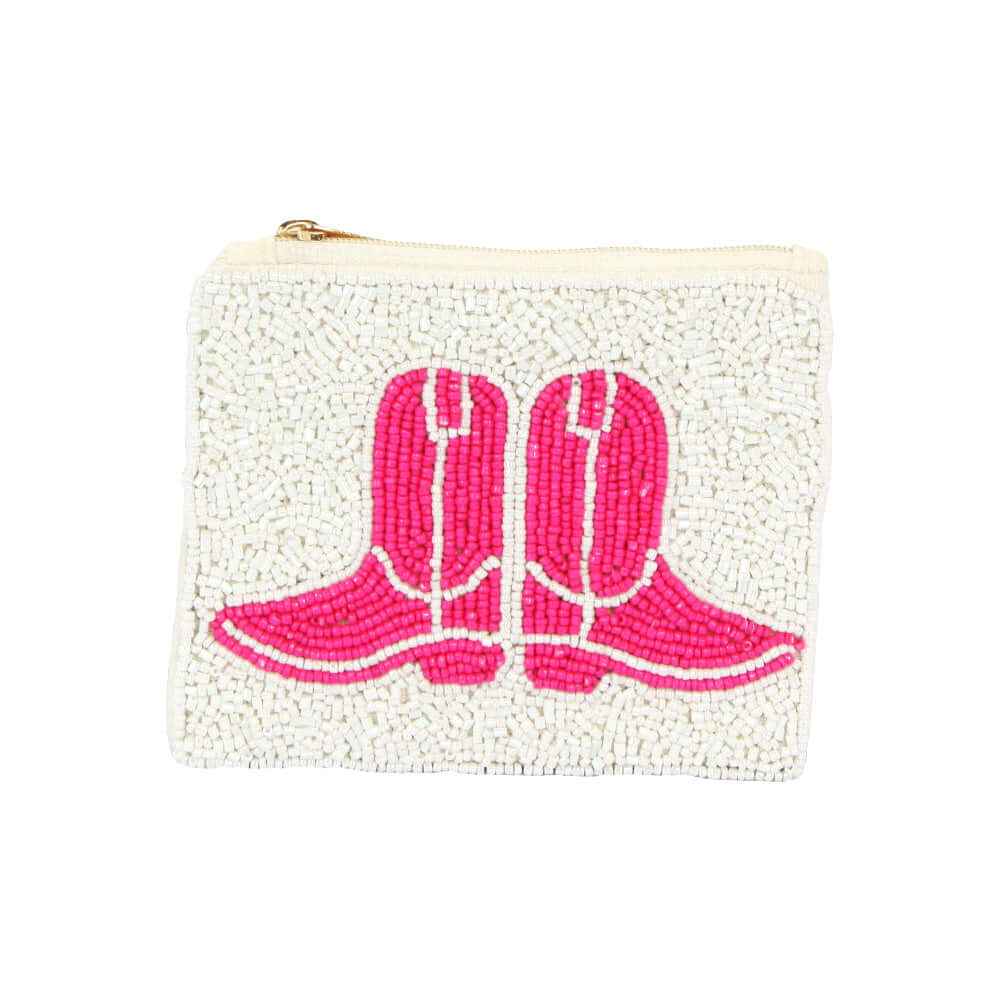 Pink Western Cowboy Boots Seed Beaded Mini Pouch Bag