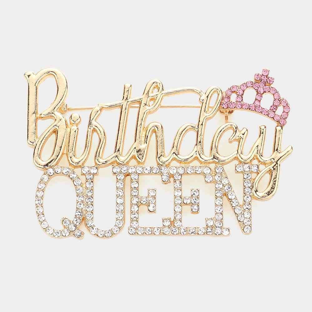 Pink and Gold Embellished Birthday Queen Message Crown Pin Brooch