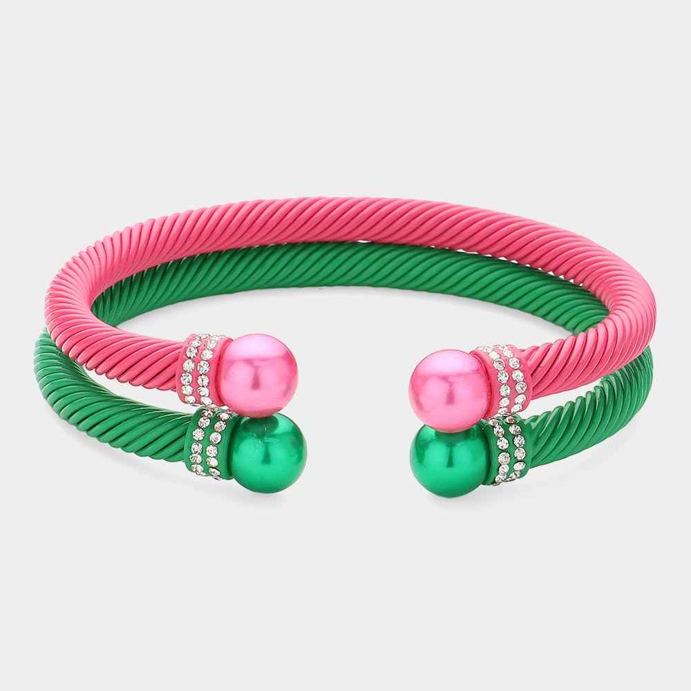 Pink and Green 2PCS - Stone Paved Pearl Pointed Tip Double Cuff Bracelets