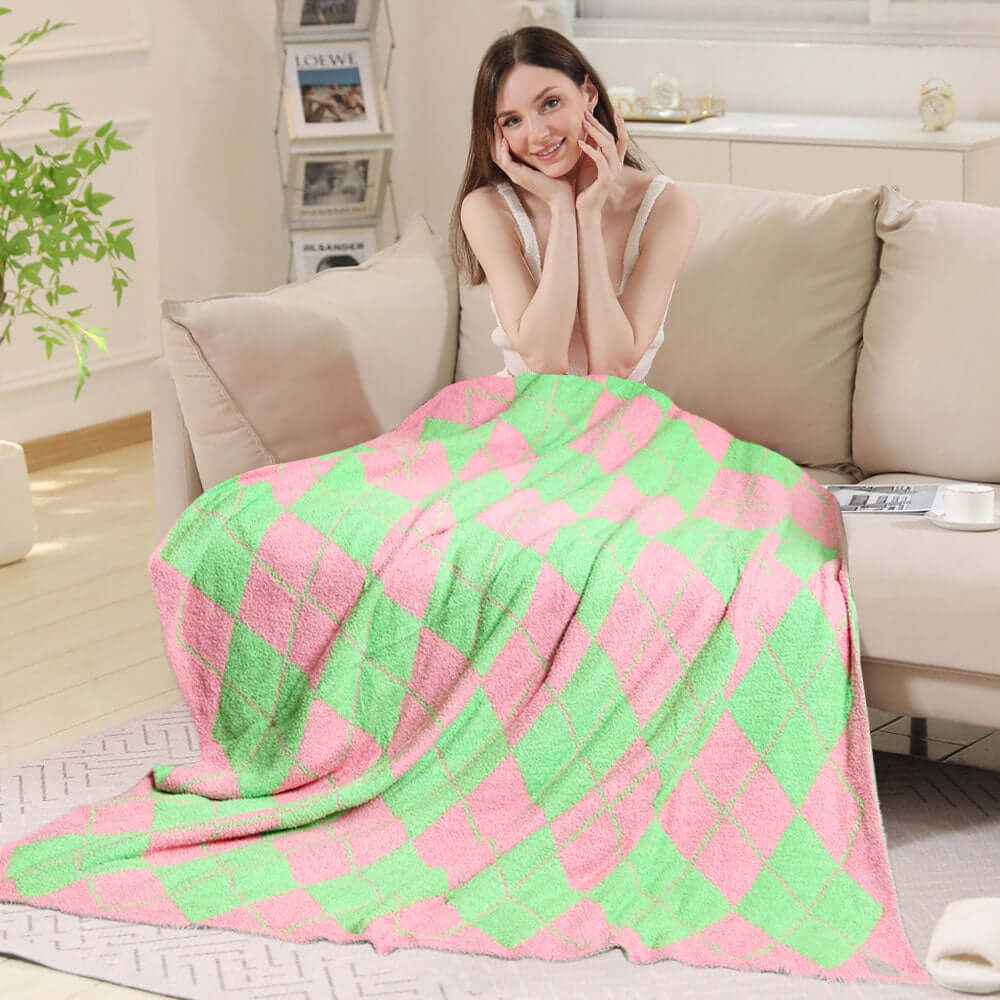 Pink and Green Argyle Reversible Throw Blanket