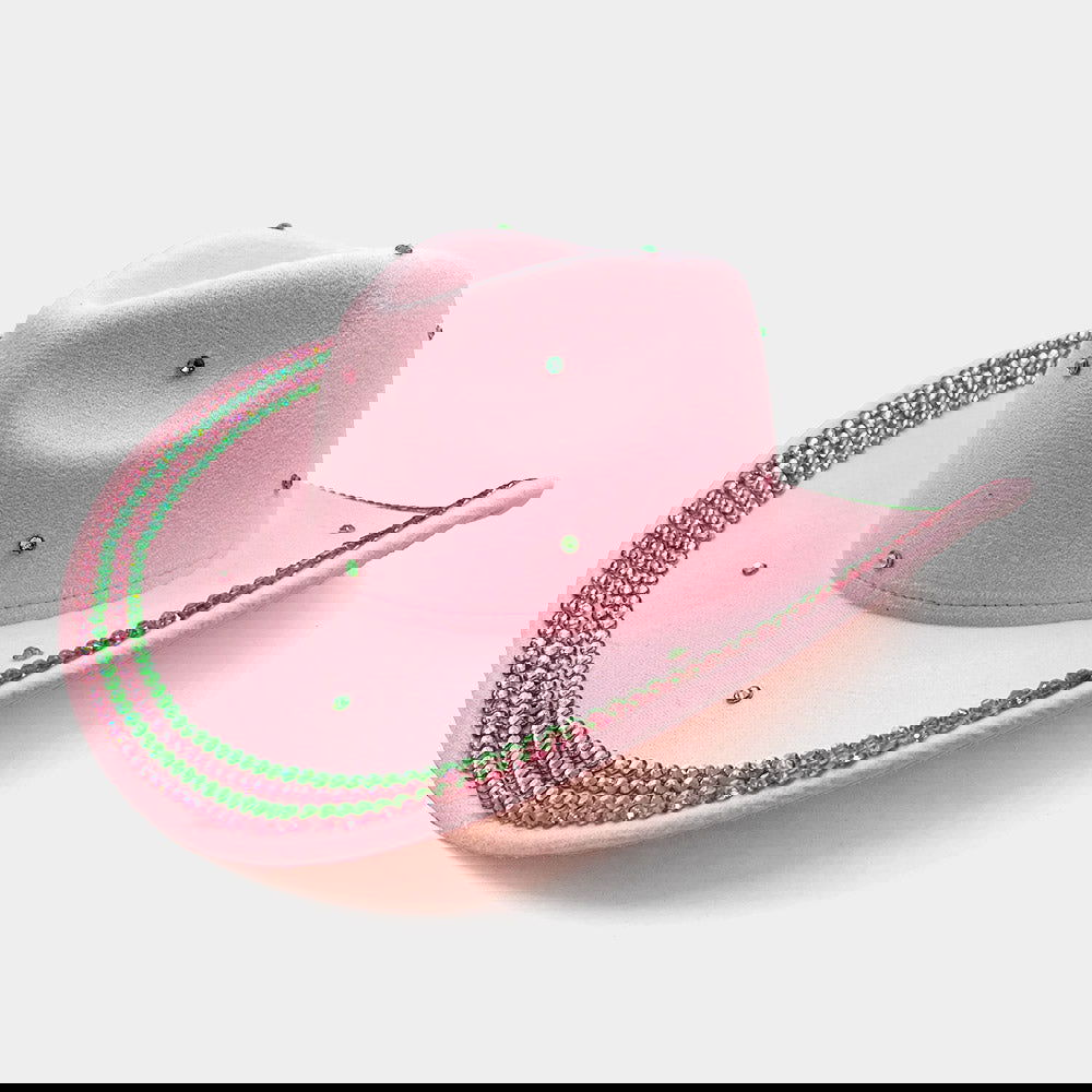 Pink and Green Bling Studded Cowboy Western Hat for Women - M H W ACCESSORIES LLC