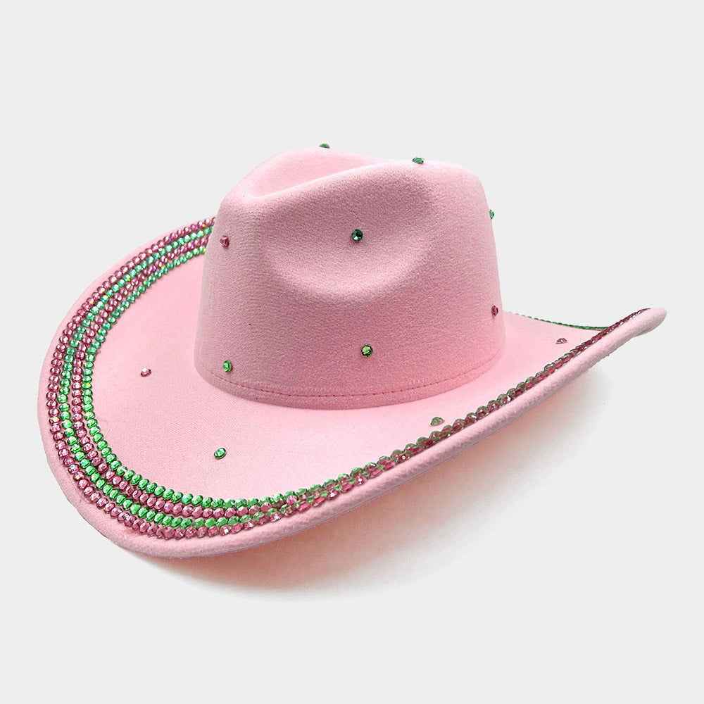 Pink & Green Bling Studded Western Fedora Hat