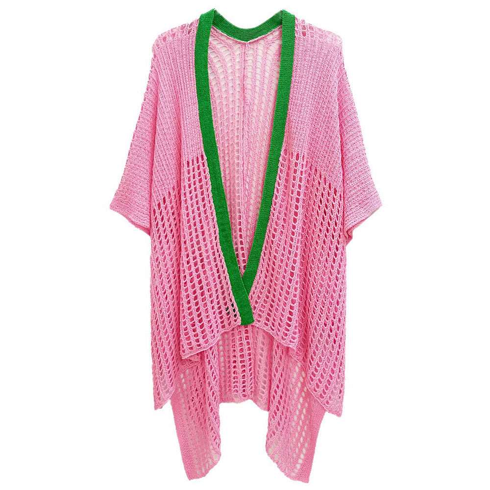 Pink and Green Chest Blocked Crochet Ruana Poncho for Women - M H W ACCESSORIES LLC