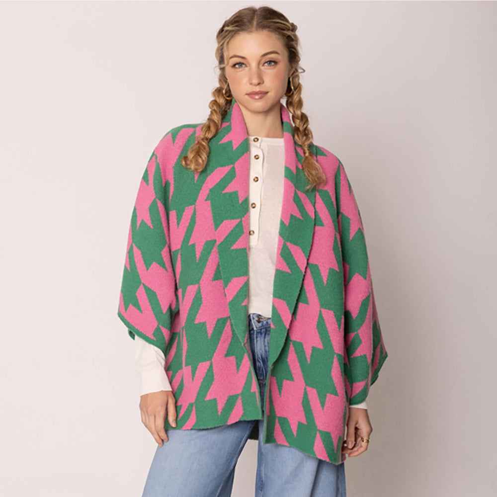 Pink and Green Houndstooth Knit Cardigan