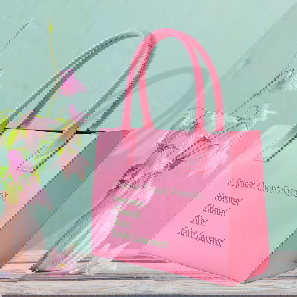 Pink and Green I Speak Fluent French Message Tote Bag Shoulder Bag - M H W ACCESSORIES LLC