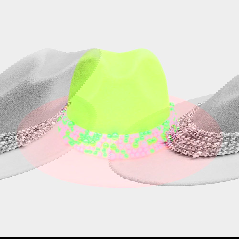 Pink and Green Pearl Embellished Band Pointed Color Block Fedora Hat - M H W ACCESSORIES LLC