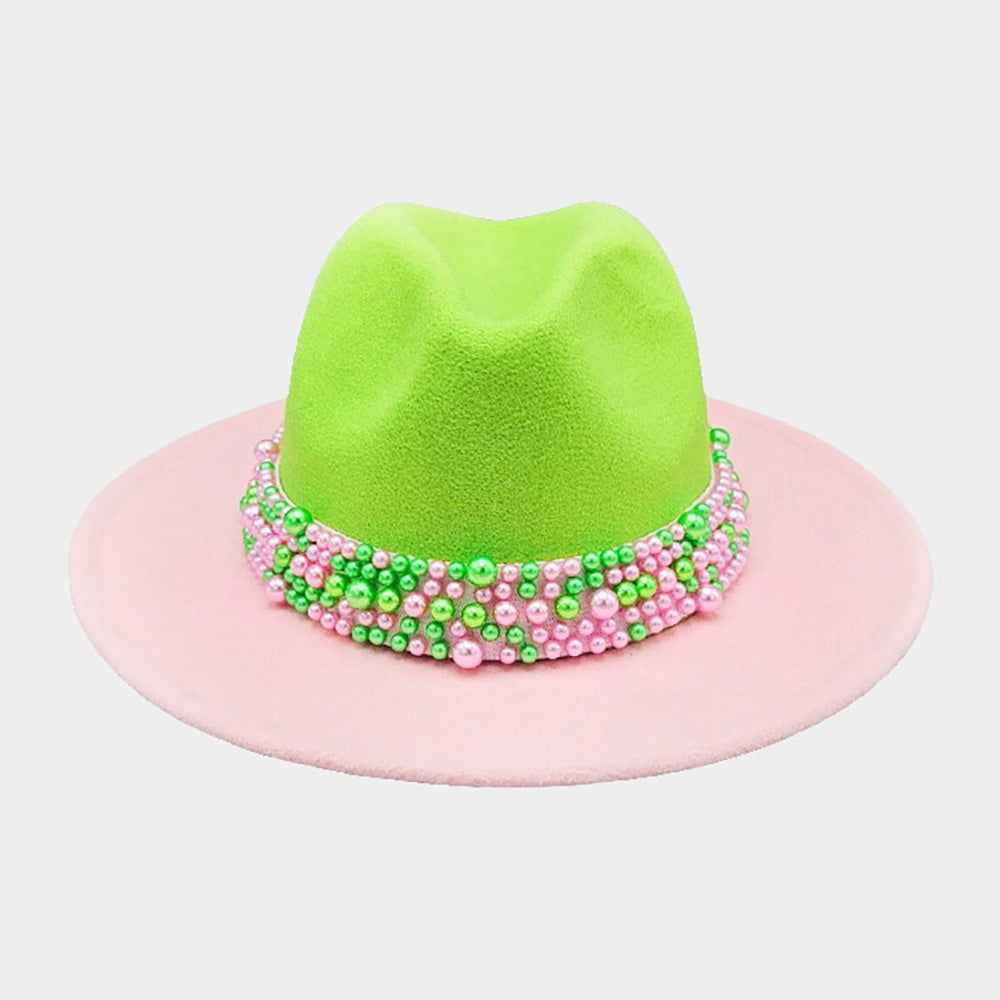 Pink and Green Pearl Embellished Band Pointed Color Block Fedora Hat