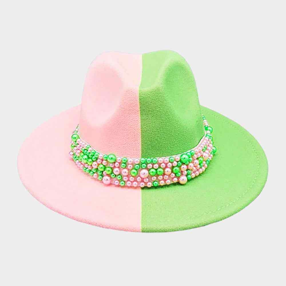 Pink and Green Pearl Embellished Band Pointed Color Block Fedora Hat (Copy)