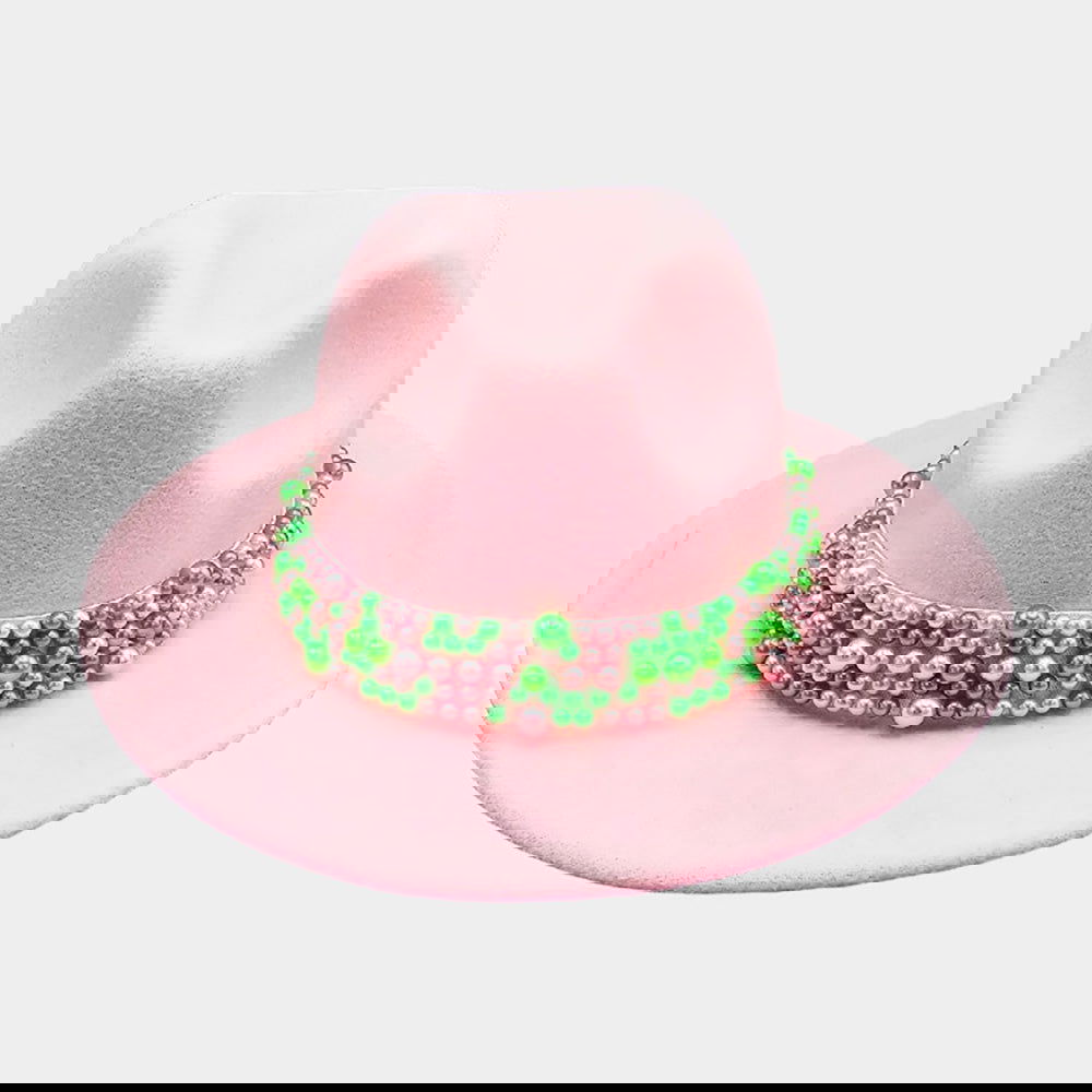 Pink and Green Pearl Embellished Band Pointed Fedora Hat - M H W ACCESSORIES LLC