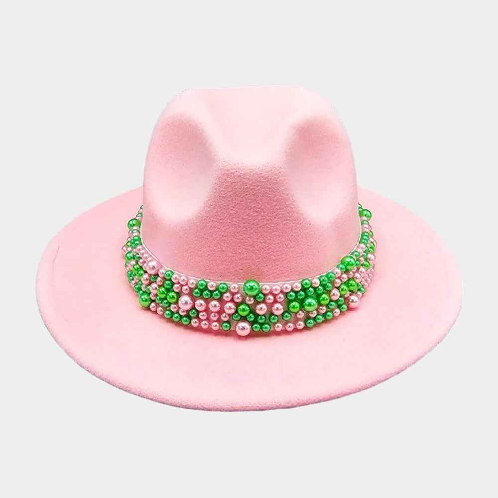 Pink and Green Pearl Embellished Band Pointed Fedora Hat