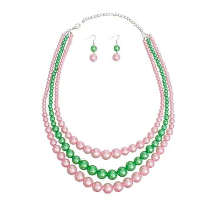 Pink and Green Pearl Necklace Pink Green 3 Strand for Women