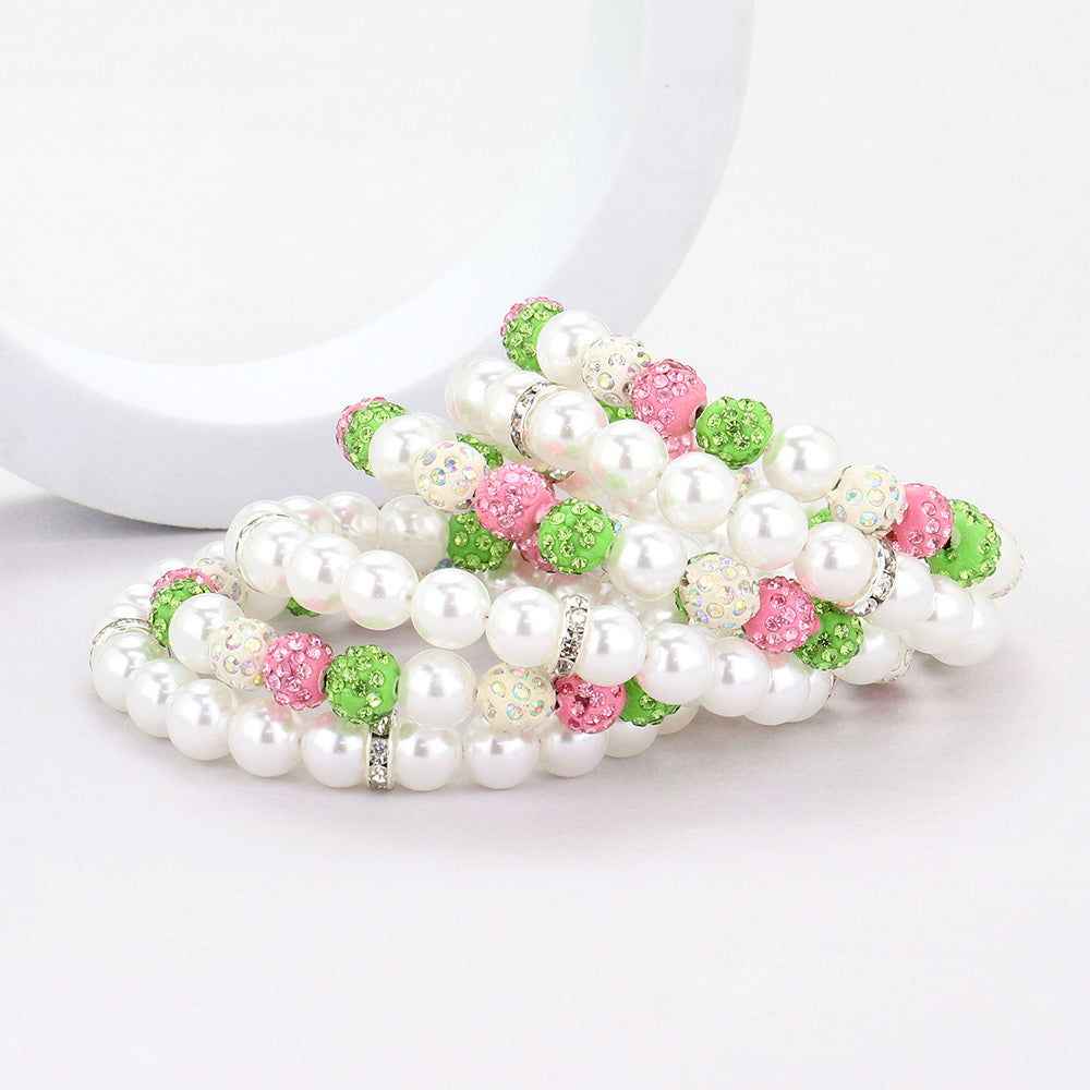 Pink and Green Pearl Shamballa Ball Beaded Adjustable Strand Bracelet