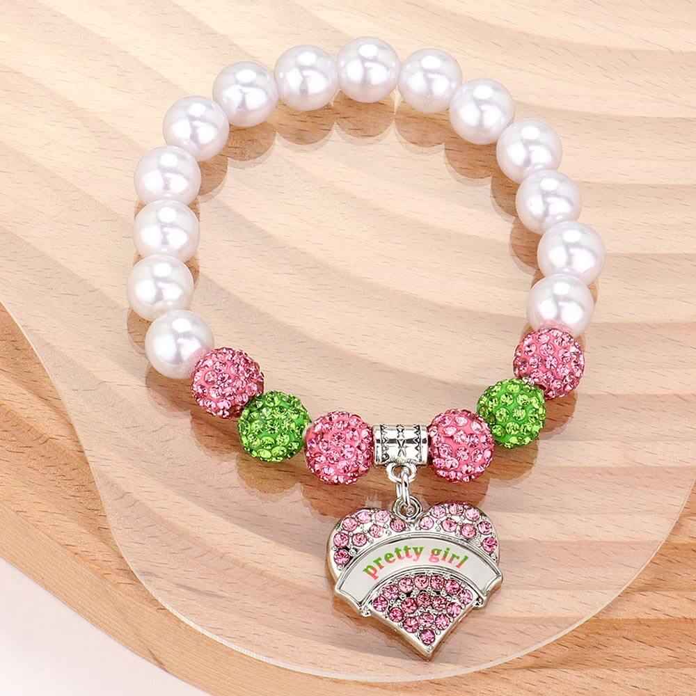 Pink and Green Pretty Girl Message Heart Charm Shamballa l Pearl Beaded Bracelet