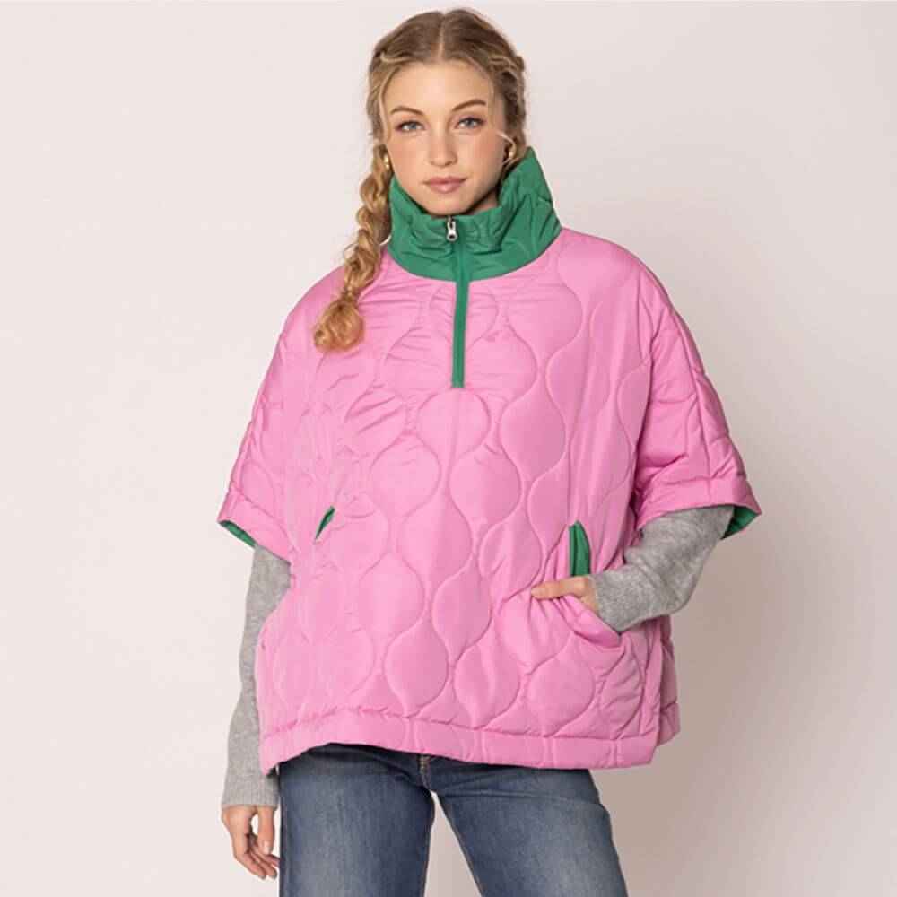 Pink and Green Quilted Puffer Poncho