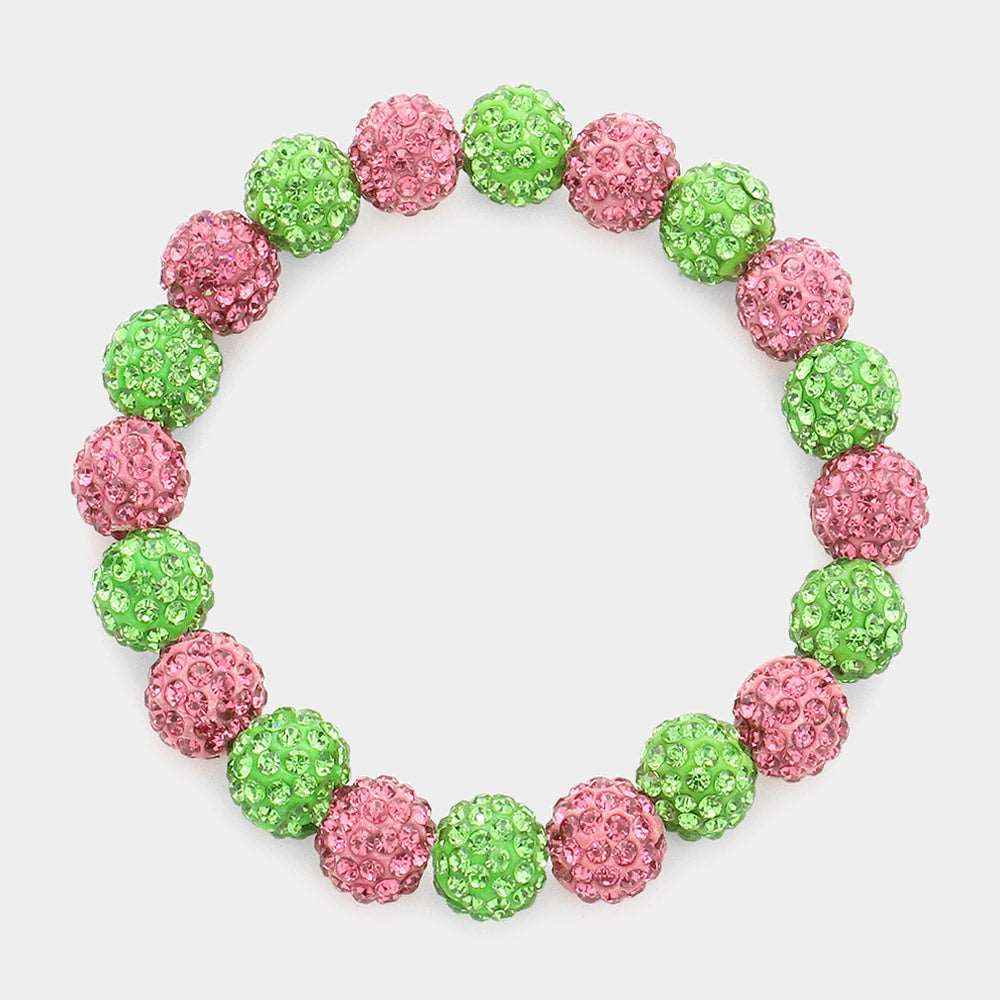 Pink and Green Shamballa Ball Stretch Bracelet- M H W ACCESSORIES