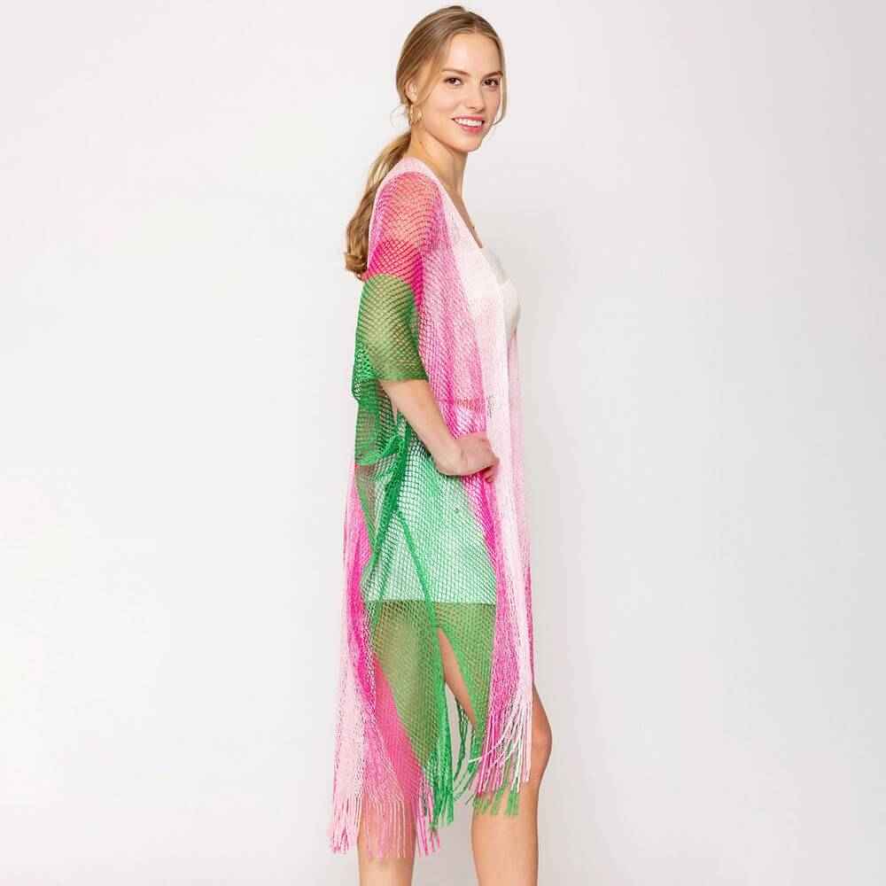 Pink and Green Two-Tone Lurex Kimono Poncho for Women