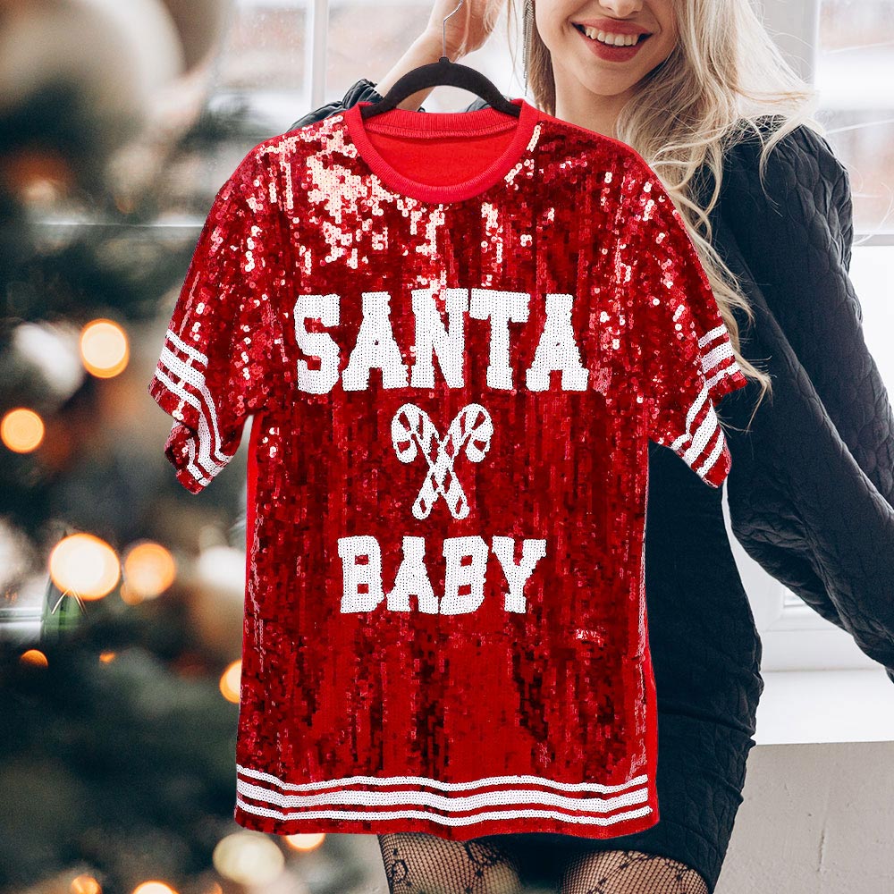 Plus Size Santa Baby Message Christmas Red Sequin Jersey Top - M H W ACCESSORIES LLC