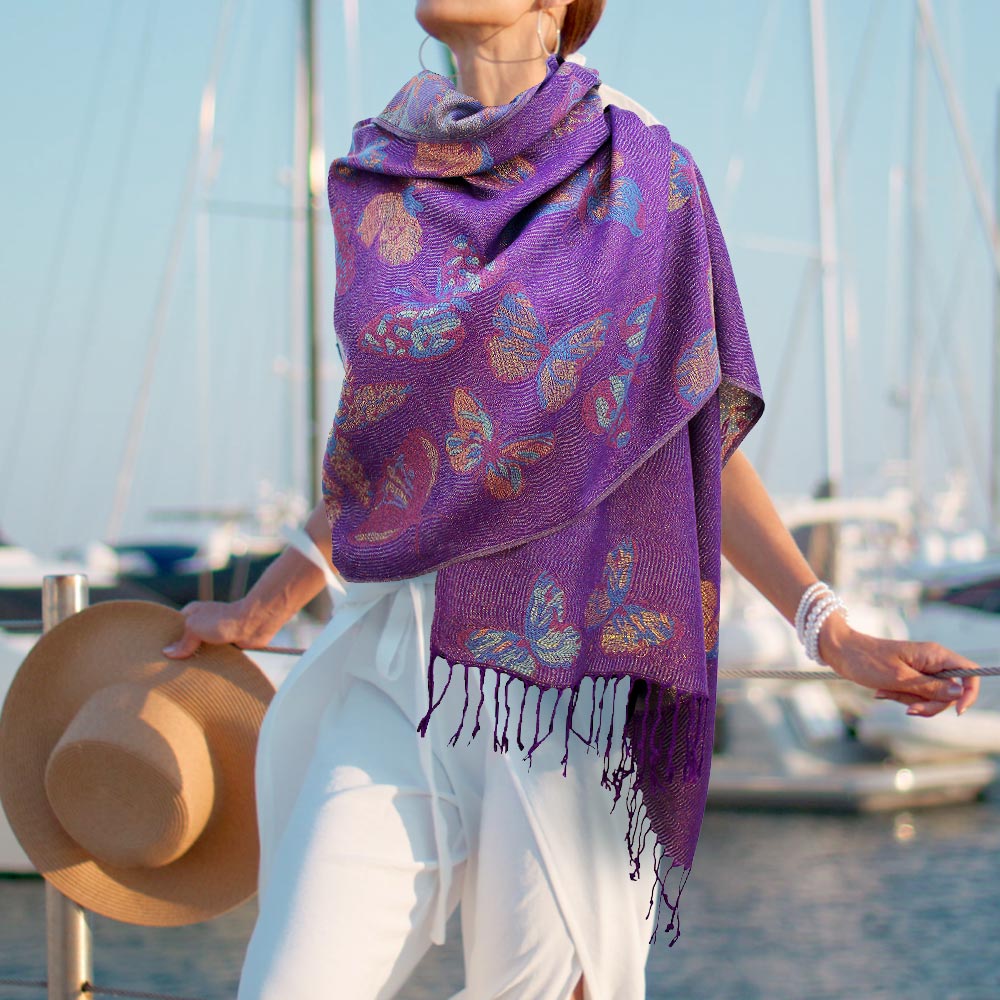 Purple Metallic Butterfly Printed Pashmina Scarf Shawl - M H W ACCESSORIES LLC