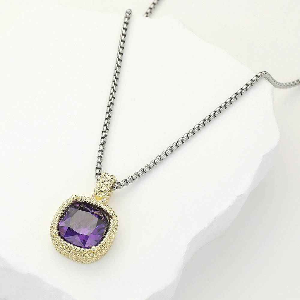 Purple Stone Necklaced Pendant 14K Gold Plated Square CZ Necklace