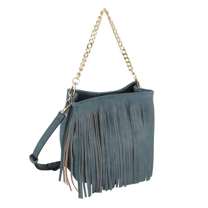 Purse Denim Blue Faux Leather Fringe Bag for Women - M H W ACCESSORIES LLC