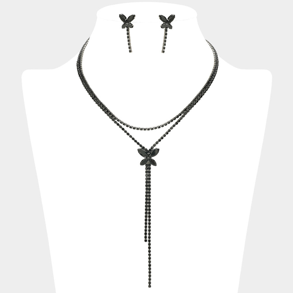 CZ Marquise Stone Cluster Butterfly Accent Rhinestone Fringe Drop Layered Necklace M H W ACCESSORIES LLC CZ Marquise Stone Cluster Butterfly Accent Rhinestone Fringe Drop Layered Necklace