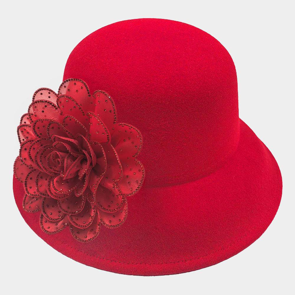 Red Bling Studded Flower Accented Felt Bucket Hat - M H W ACCESSORIES LLC