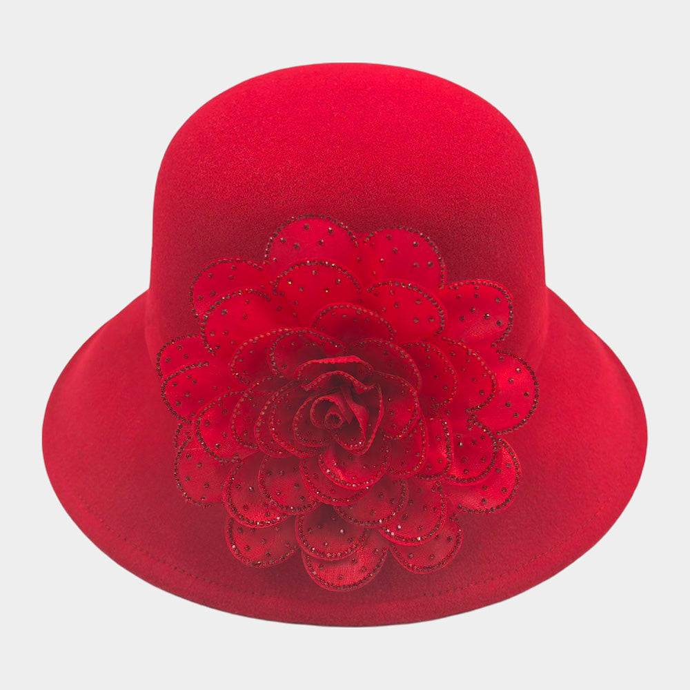 Red Bling Studded Flower Accented Felt Bucket Hat - M H W ACCESSORIES LLC