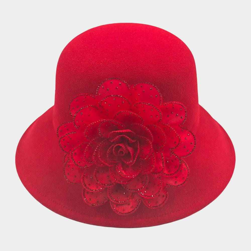 Red Bling Studded Flower Accented Felt Bucket Hat