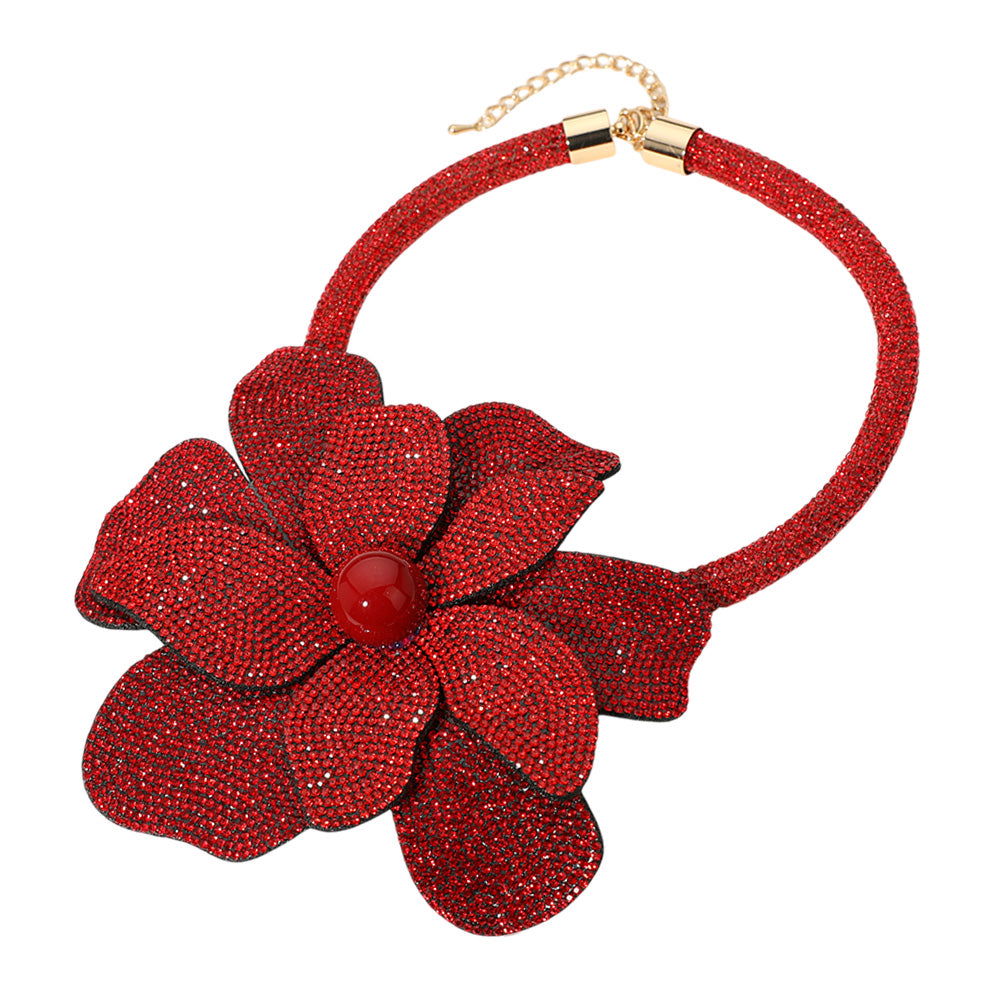 Red Bling Studded Oversized Flower Pointed Necklace - M H W ACCESSORIES LLC