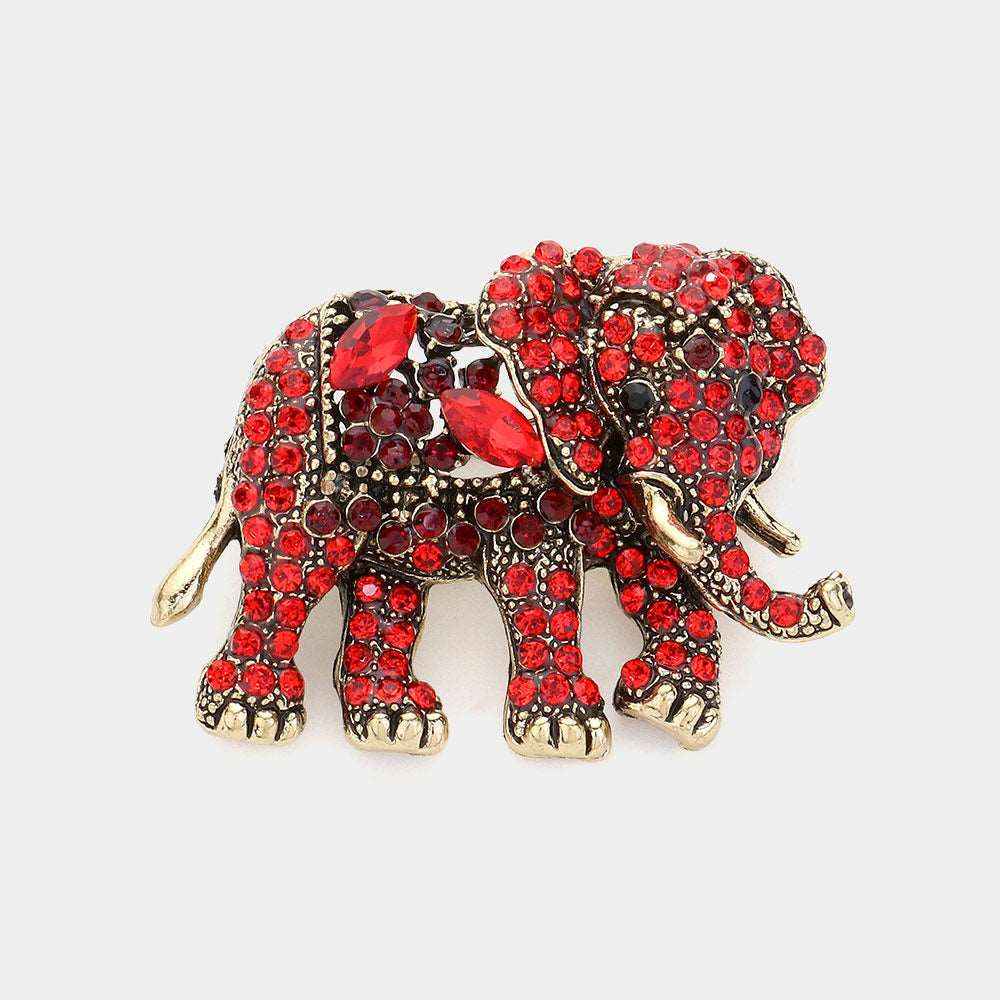 Red Embellished Elephant Pin Brooch-M H W ACCESSORIES