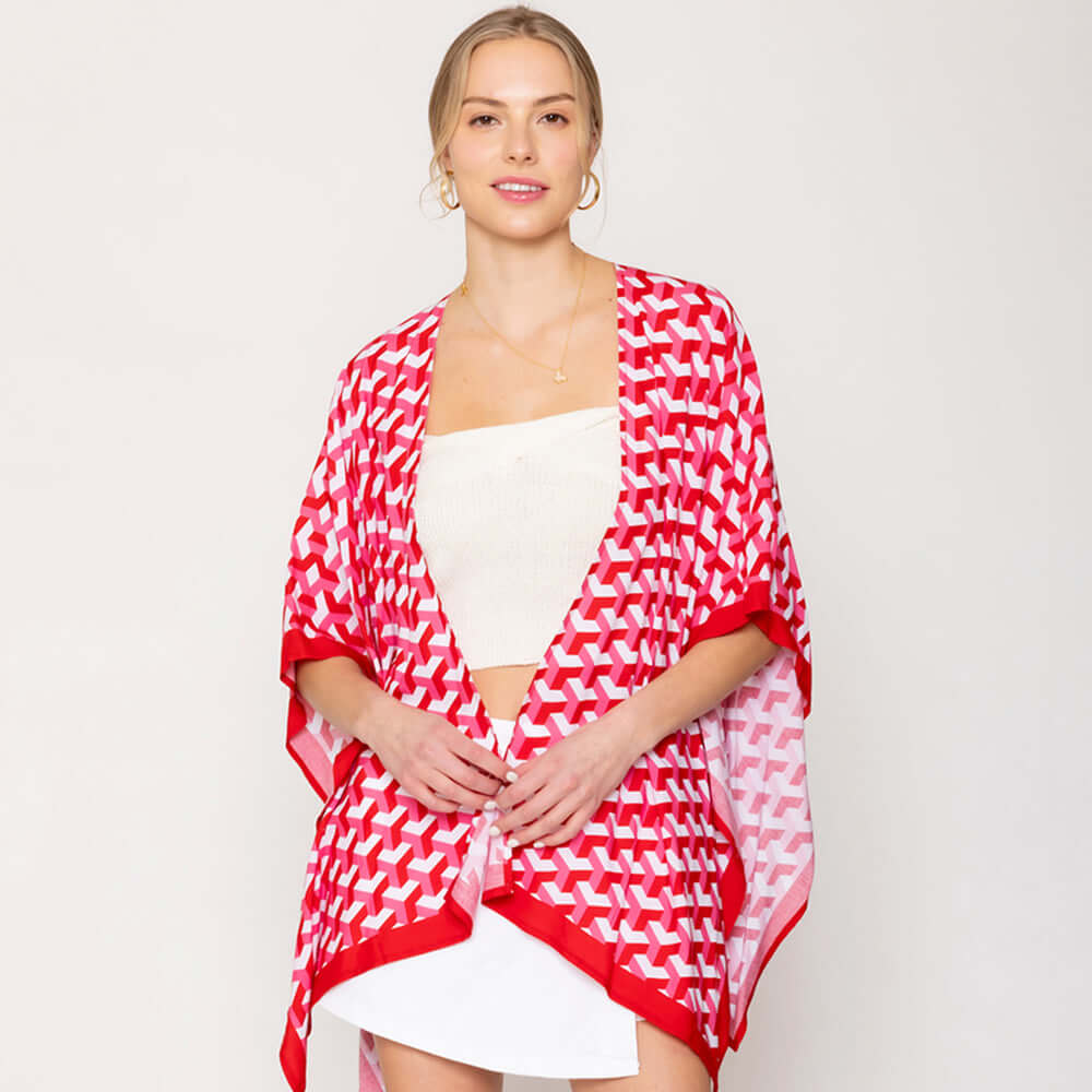 Red Geometric Pattern Print Ruana Poncho - M H W ACCESSORIES LLC