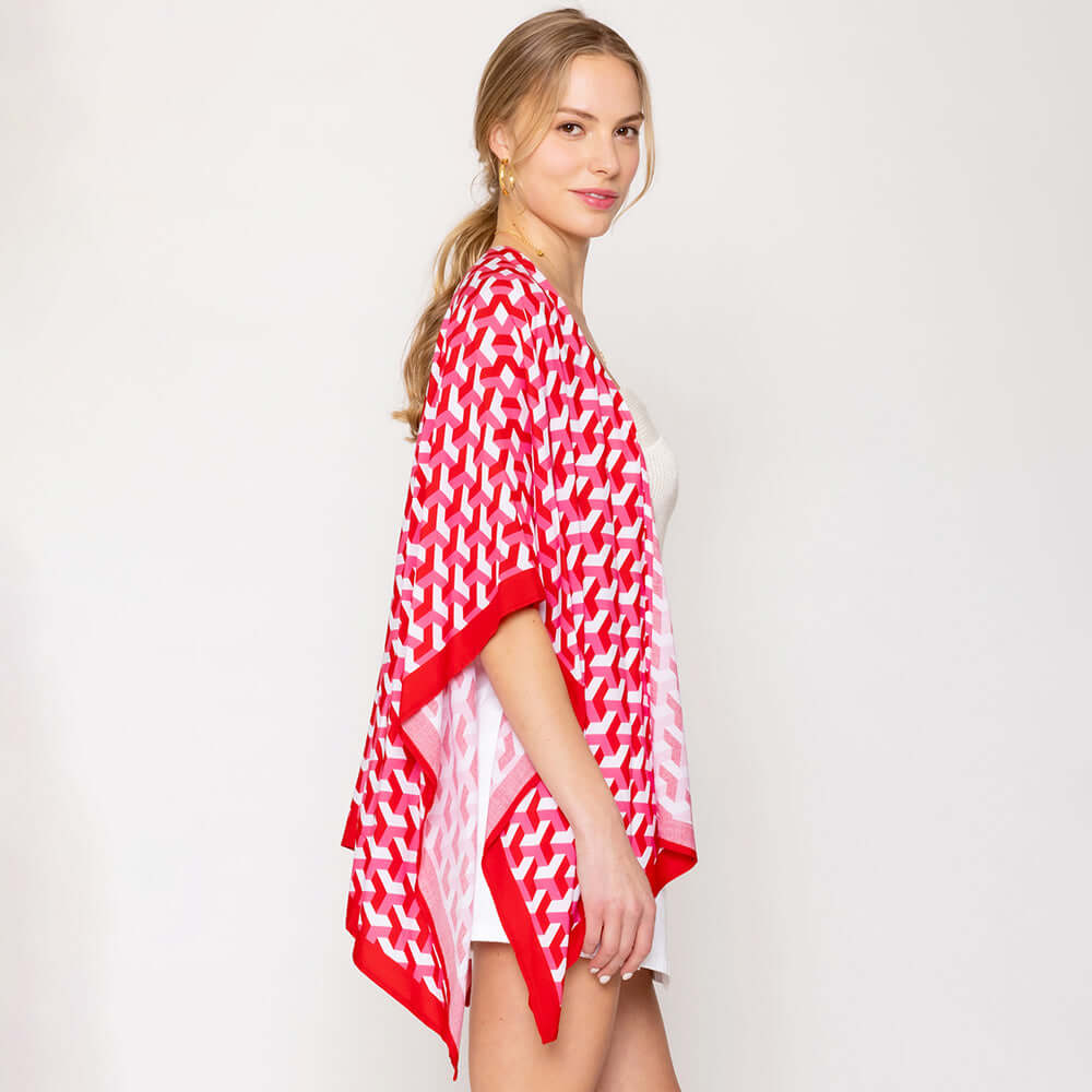 Red Geometric Pattern Print Ruana Poncho - M H W ACCESSORIES LLC