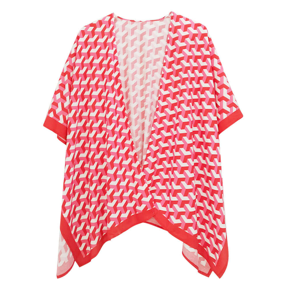 Red Geometric Pattern Print Ruana Poncho - M H W ACCESSORIES LLC