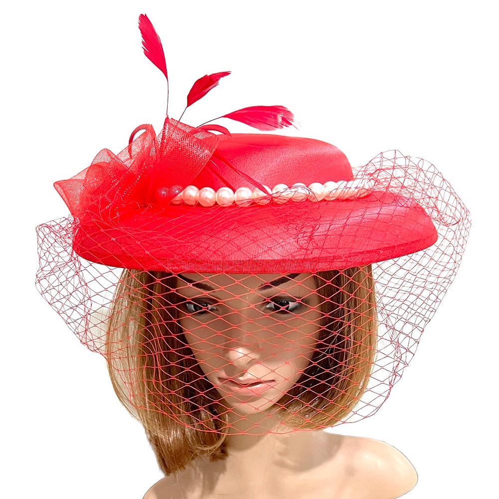 Red Mesh Flower Feather Pearl Trimmed Fascinator / Headband - M H W ACCESSORIES LLC