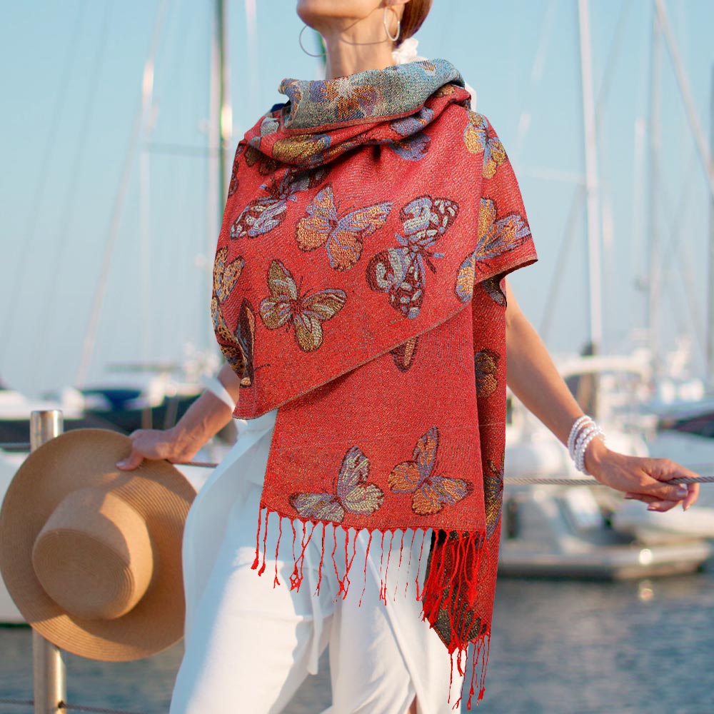 Red Metallic Butterfly Printed Pashmina Scarf Shawl - M H W ACCESSORIES LLC