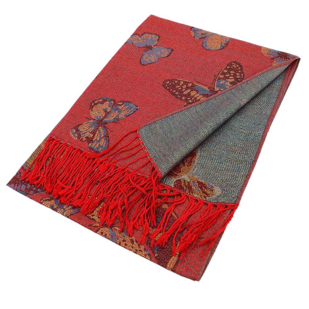 Red Metallic Butterfly Printed Pashmina Scarf Shawl
