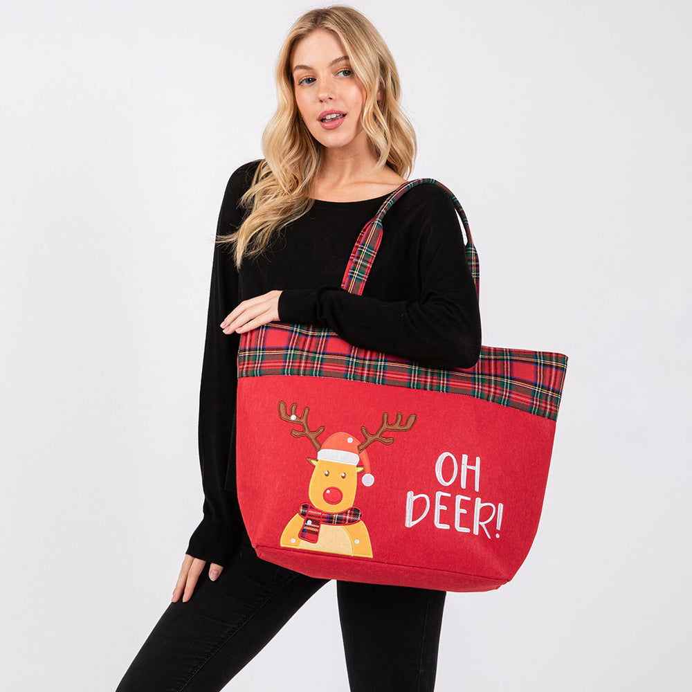 Red Oh Deer Letter Reindeer Christmas Tote Bag