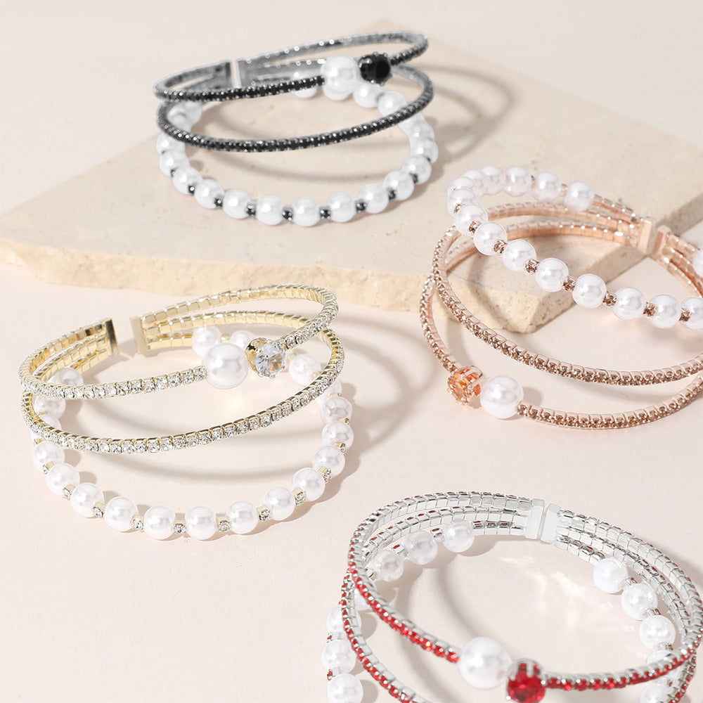 Red Pearl Stone Embellished Evening Cuff Bracelet