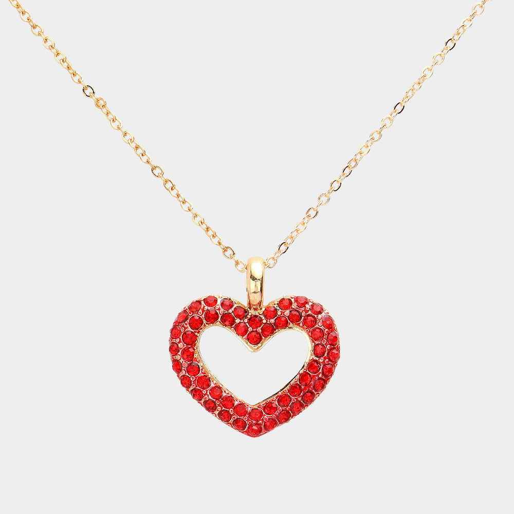 Red Rhinestone Open Heart Pendant Necklace for Her