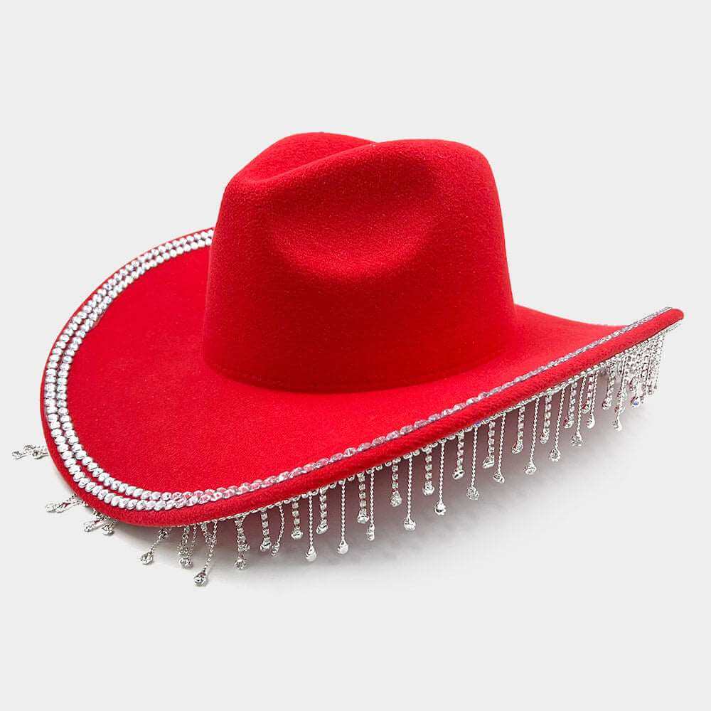 Red Rhinestone Stone Paved Fringe Around Cowboy Western Hat - M H W ACCESSORIES LLC