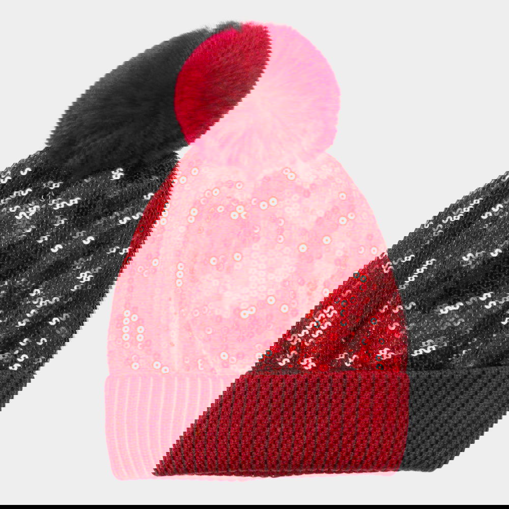 Red Sequin Embellished Pom Pom Beanie Hat - M H W ACCESSORIES LLC