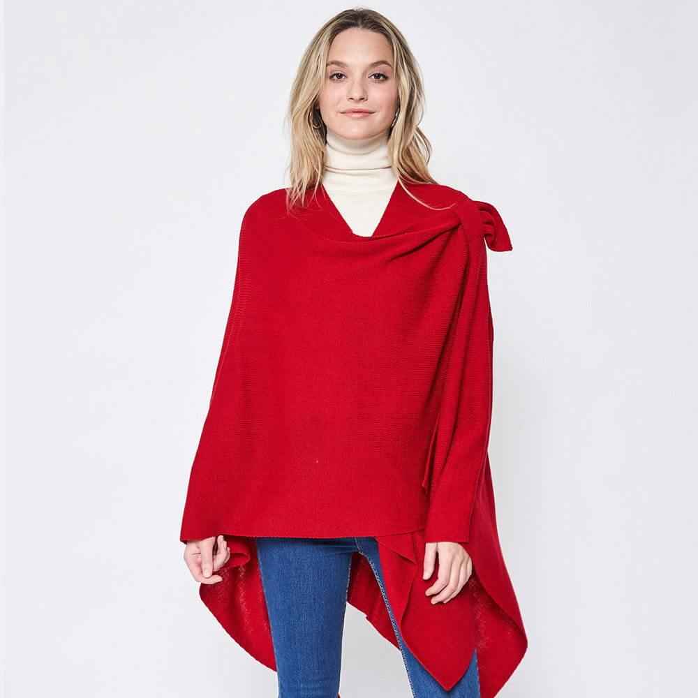 Red Shoulder Strap Solid Ruana Poncho