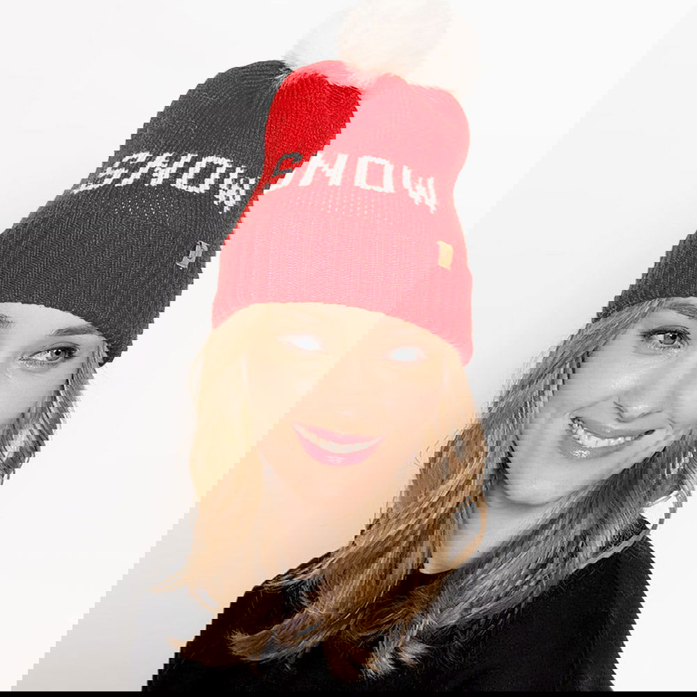 Red Snow Message Faux Fur Pom Pom Cable Knit Beanie Hat - M H W ACCESSORIES LLC