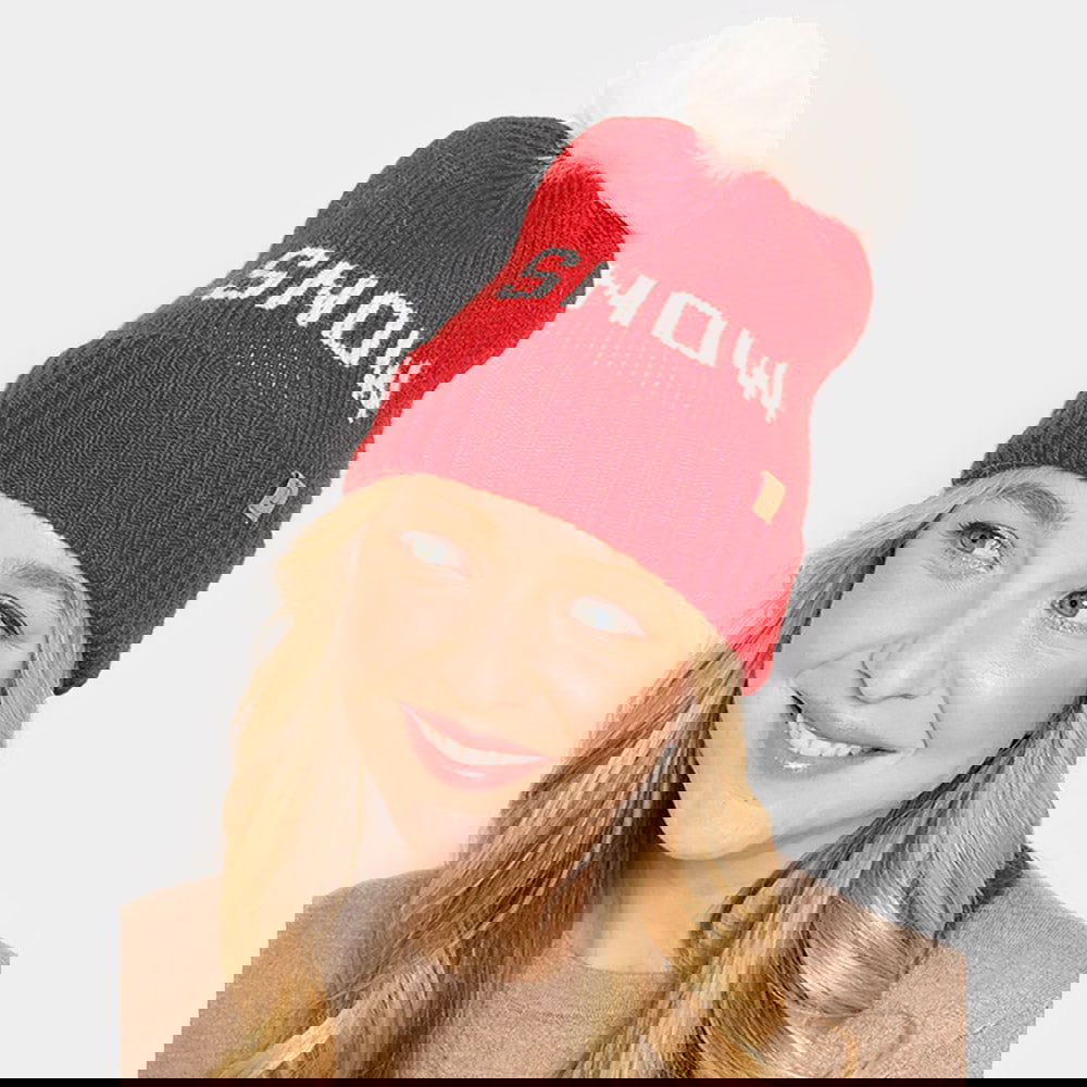 Red Snow Message Faux Fur Pom Pom Cable Knit Beanie Hat - M H W ACCESSORIES LLC
