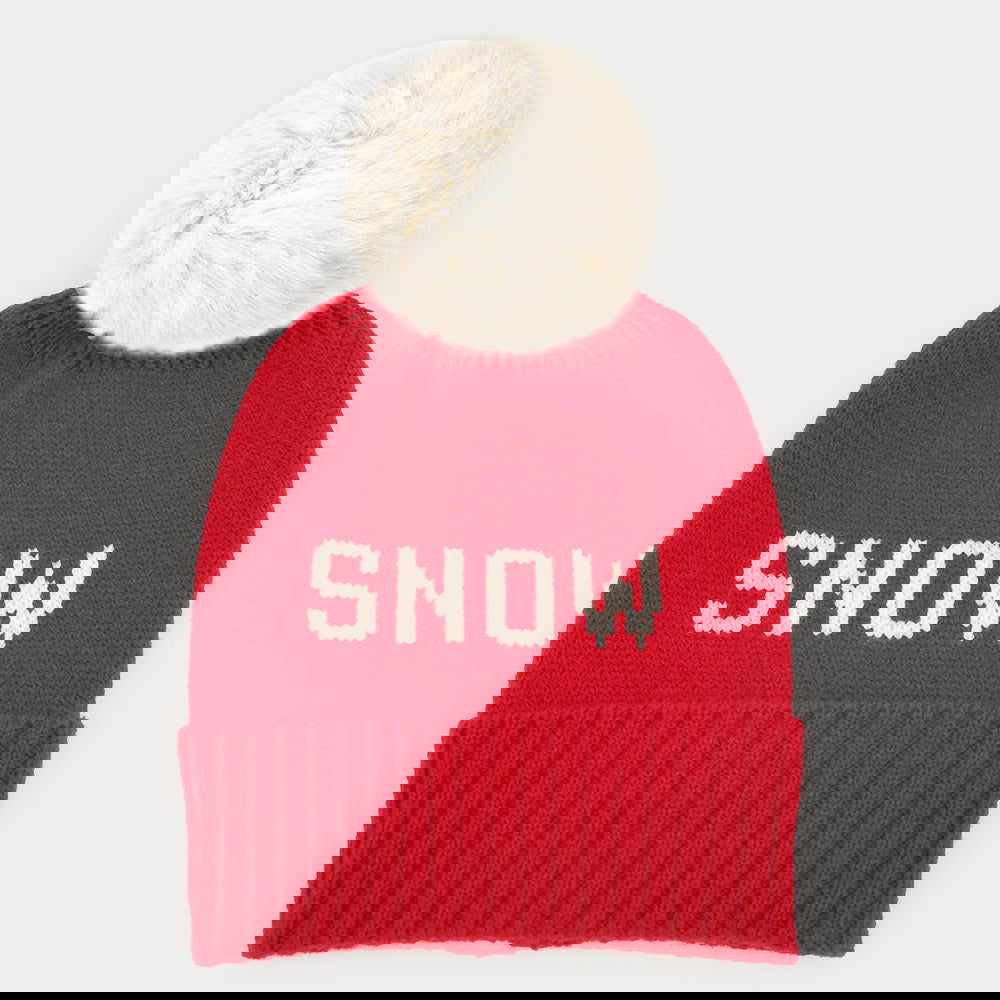 Red Snow Message Faux Fur Pom Pom Cable Knit Beanie Hat - M H W ACCESSORIES LLC