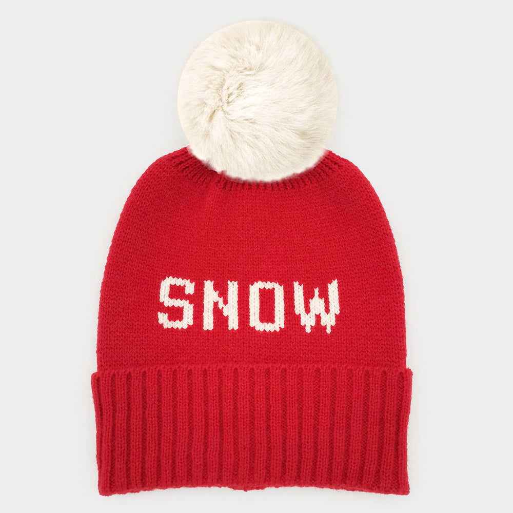 Red Snow Message Faux Fur Pom Pom Cable Knit Beanie Hat