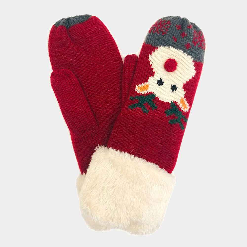 Red Snowman Printed Faux Fur Mitten Gloves
