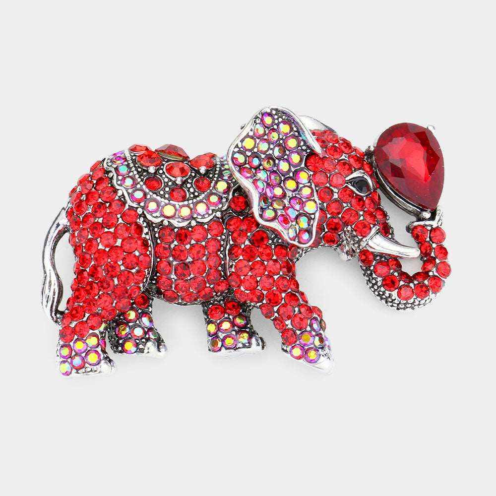 Red Stone Embellished Elephant Pin Brooch-M H W ACCESSORIES